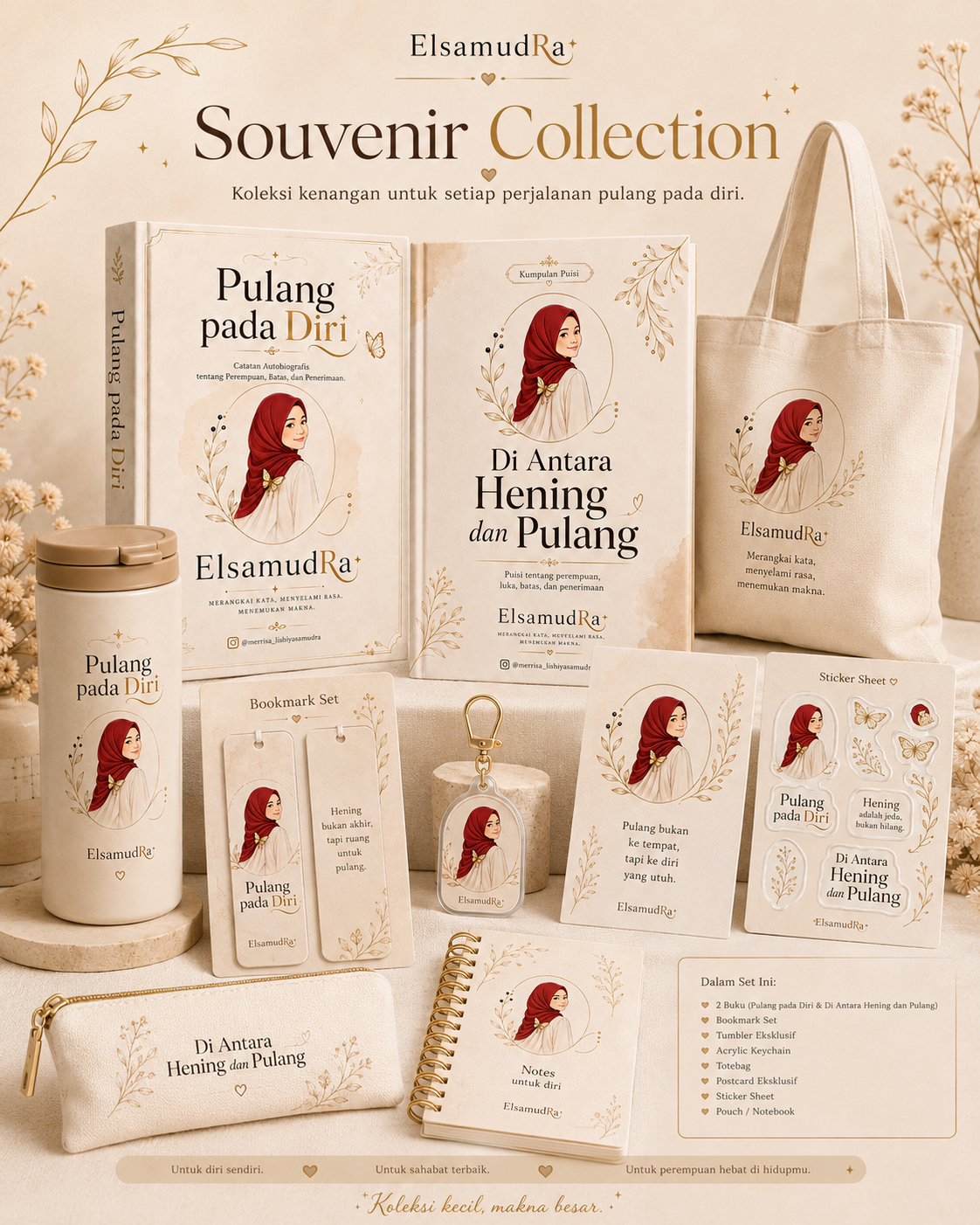 Koleksi ElsamudRa: bookmark, tumbler, gantungan kunci, totebag, postcard, stiker, pouch, dan notebook